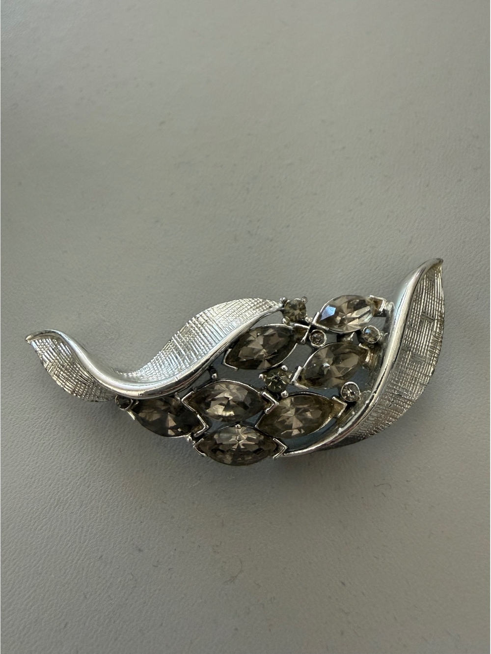 Vintage Silver-Tone Leaf Brooch with Clear and Smoky Rhinestones
